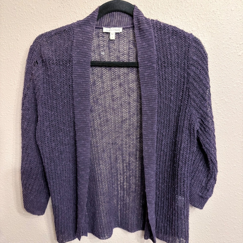 Eileen Fisher Purple Linen Blend Open Knit Cardigan Sweater Small